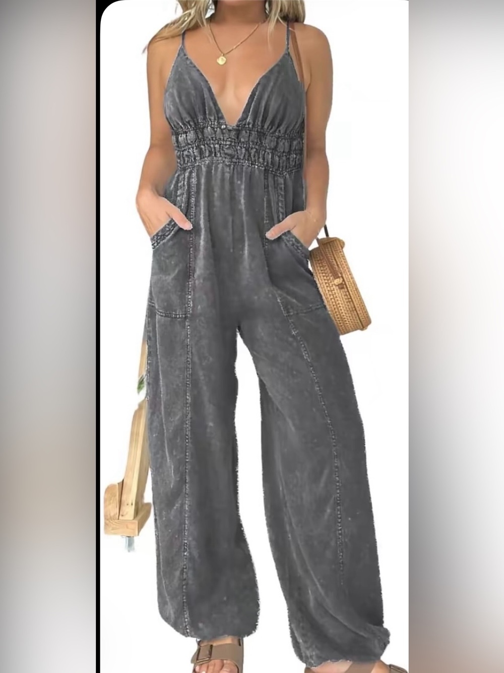 Women’s Washed Gray Wide-Leg Jumpsuit